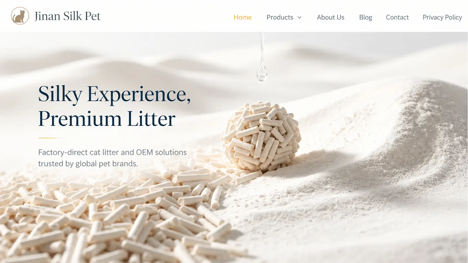 Jinan Silk Pet premium cat litter homepage showing white pellet litter and factory-direct OEM manufacturing services.