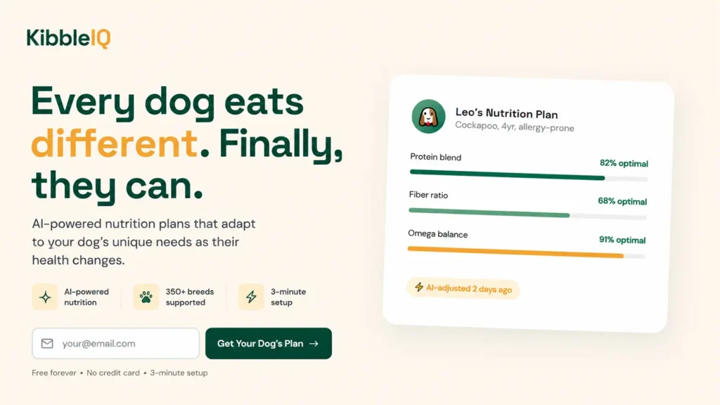 KibbleIQ AI dog nutrition platform displaying personalised protein, fibre, and omega scores for an allergy-prone Cockapoo.