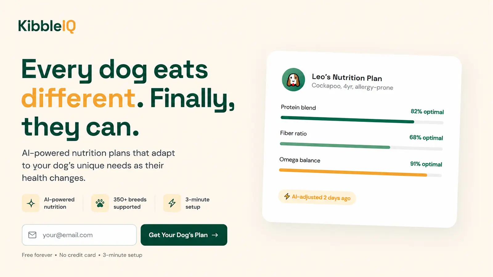 KibbleIQ AI dog nutrition platform displaying personalised protein, fibre, and omega scores for an allergy-prone Cockapoo.