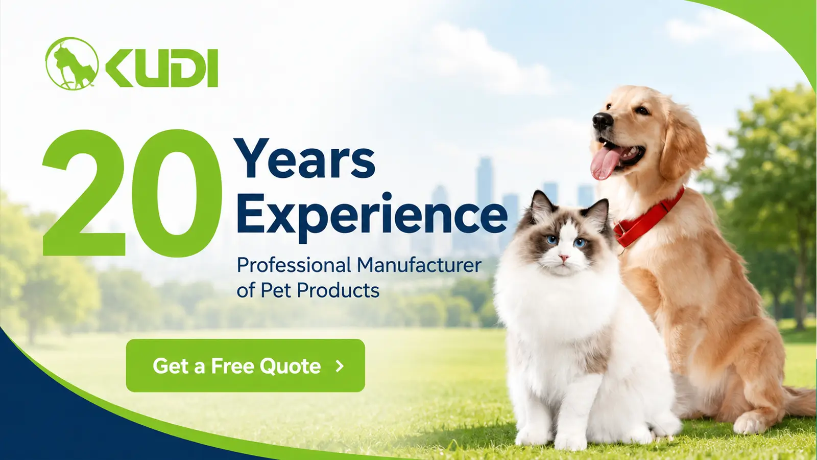 KUDI pet products manufacturer banner with a Golden Retriever, Ragdoll cat, and 20 years of experience.