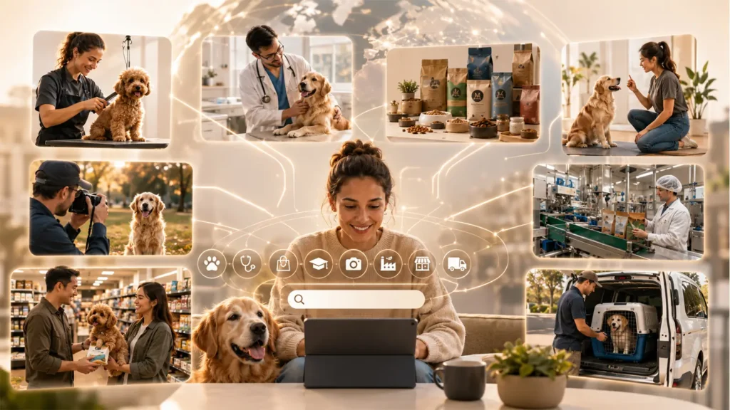Global pet business directory concept on PETBIZS's About Us page showing pet owners, pet services, products, and digital industry connections.