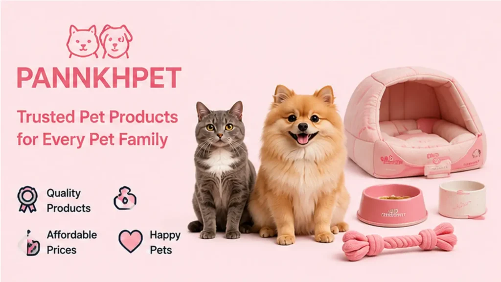 Pannkh Pet banner with a gray cat, Pomeranian, pink pet bed, feeding bowls, and rope toy.