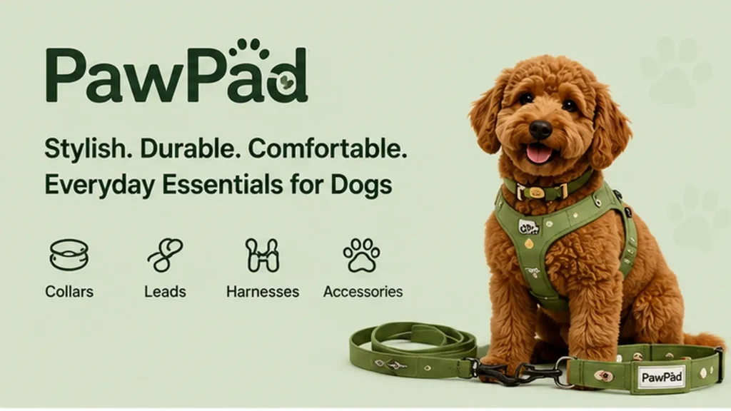 PawPad dog accessories banner with a curly-coated dog wearing a green harness beside a leash and collar.