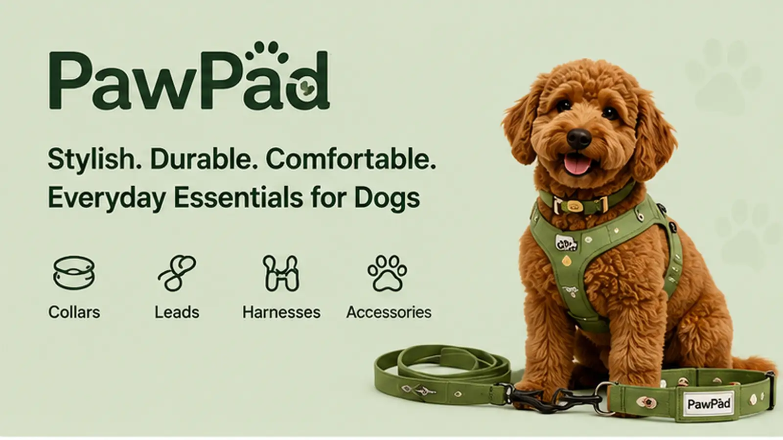 PawPad dog accessories banner with a curly-coated dog wearing a green harness beside a leash and collar.