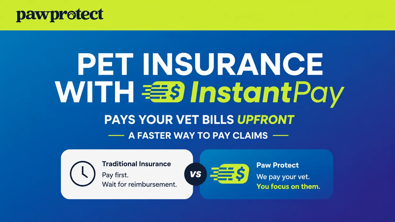 Paw Protect banner showing pet insurance with InstantPay, upfront vet bill payment support, faster claims payment, and blue and lime brand styling.