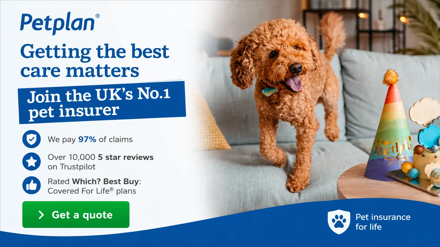 Petplan UK banner showing pet insurance for dogs with claim payment details, customer reviews, Covered For Life plans, and a quote call-to-action.
