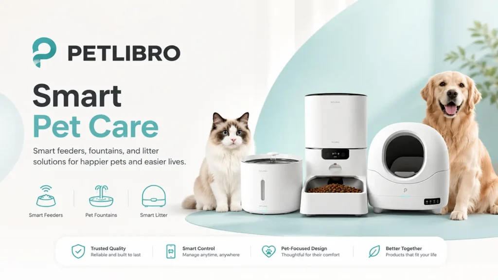 PETLIBRO smart pet care banner with a cat, dog, automatic feeder, fountain, and litter box.