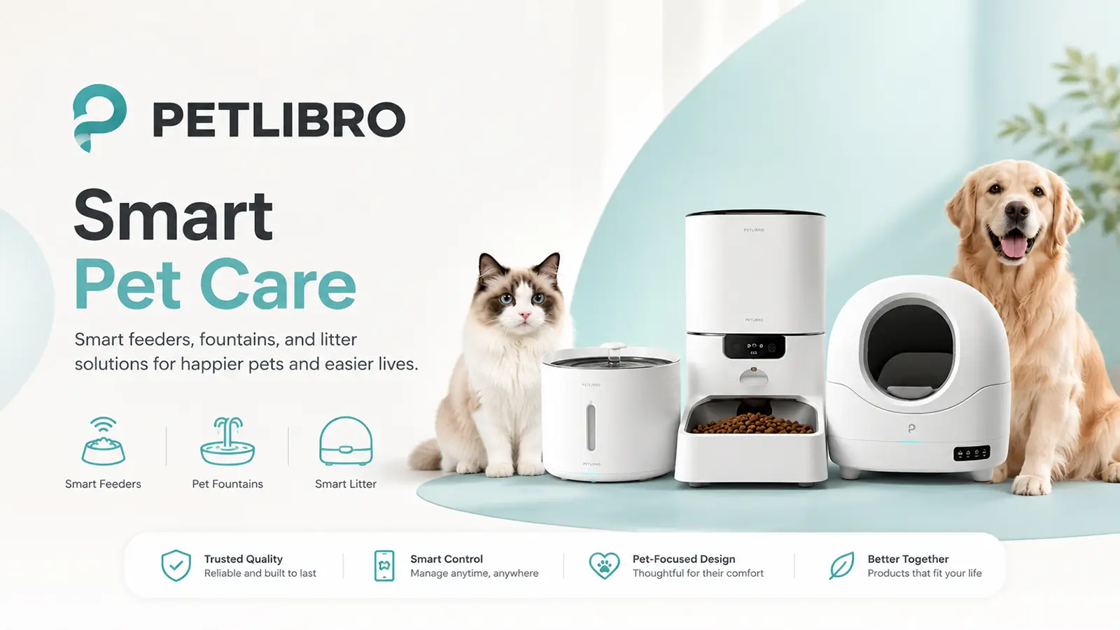 PETLIBRO smart pet care banner with a cat, dog, automatic feeder, fountain, and litter box.