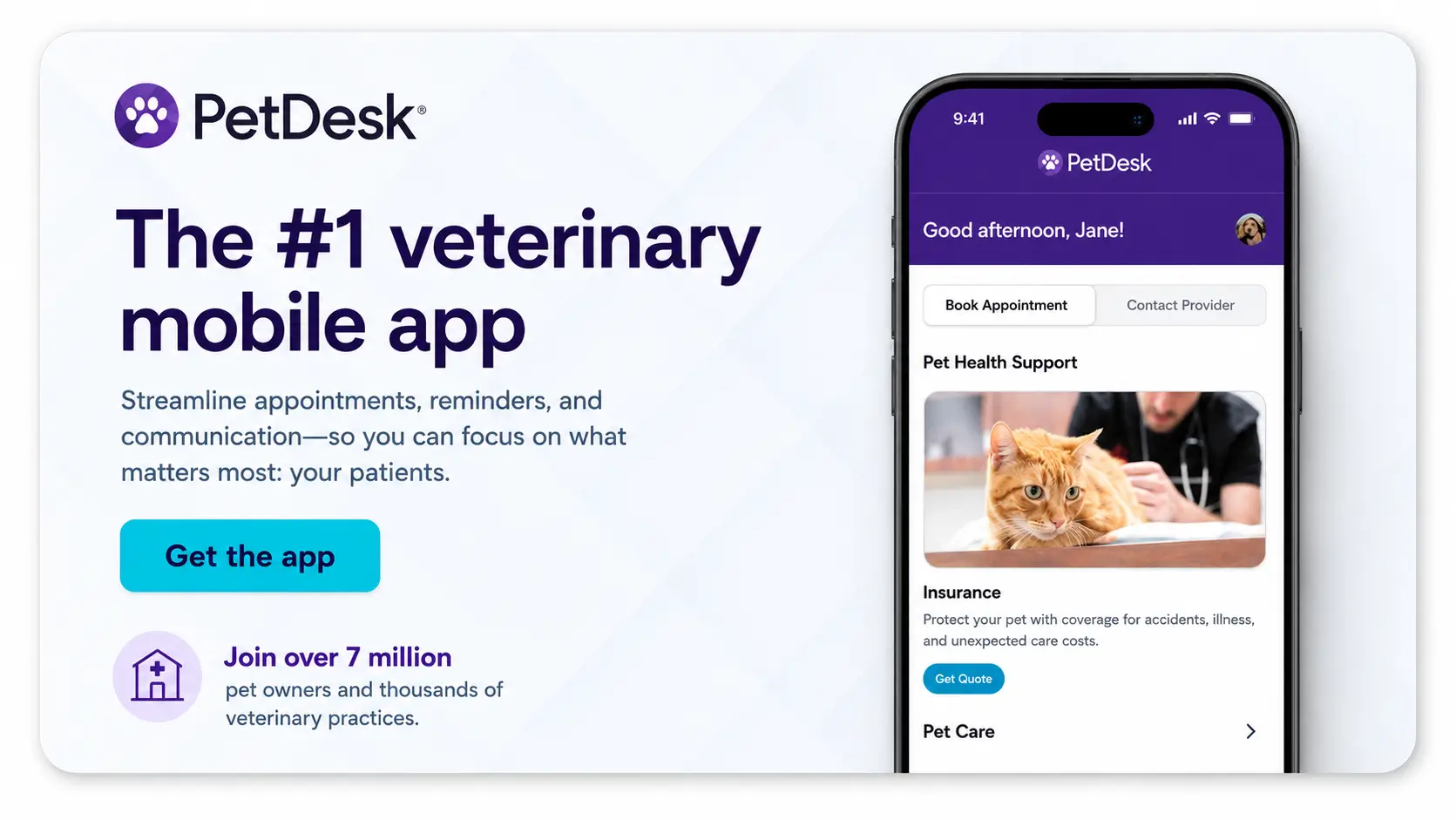 PetDesk banner showing a veterinary mobile app, appointment booking, client communication, reminders, pet health support, and clinic engagement tools.