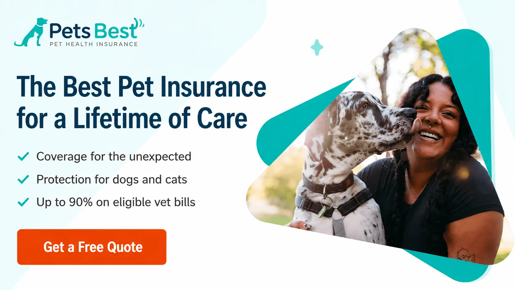 Pets Best Pet Health Insurance banner showing coverage for dogs and cats, eligible vet bill reimbursement, unexpected care protection, and a free quote call-to-action.