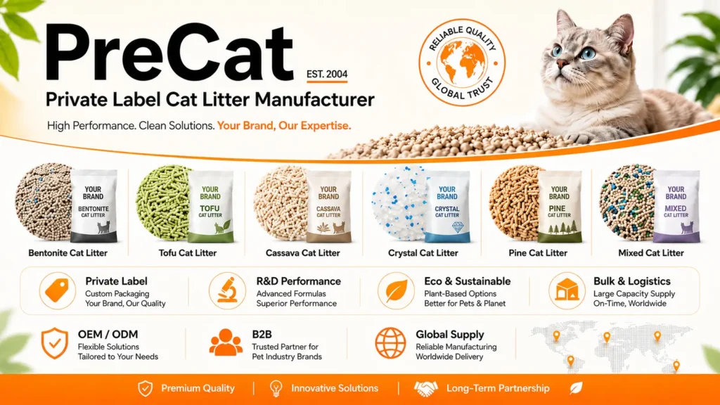 PreCat private label cat litter manufacturer website banner showing bentonite, tofu, cassava, crystal, pine, and mixed cat litter products with OEM, R&D, eco, and bulk logistics solutions.