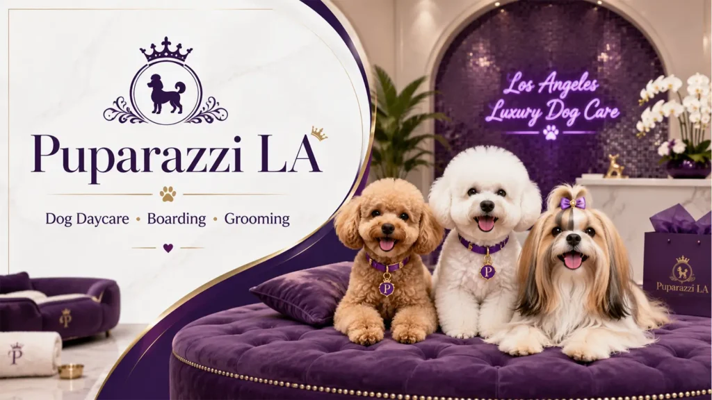Puparazzi LA luxury dog daycare, boarding, and grooming banner with three small dogs in a purple pet spa setting.
