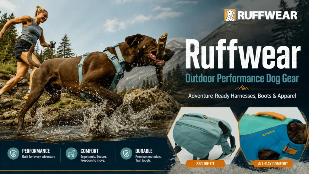 Ruffwear outdoor dog gear banner with a harnessed dog running through water beside a trail runner.