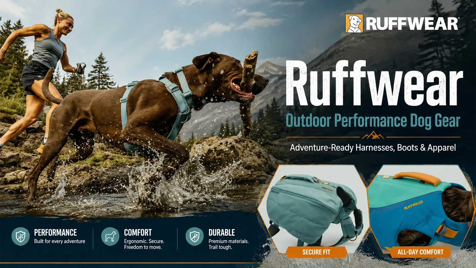 Ruffwear outdoor dog gear banner with a harnessed dog running through water beside a trail runner.