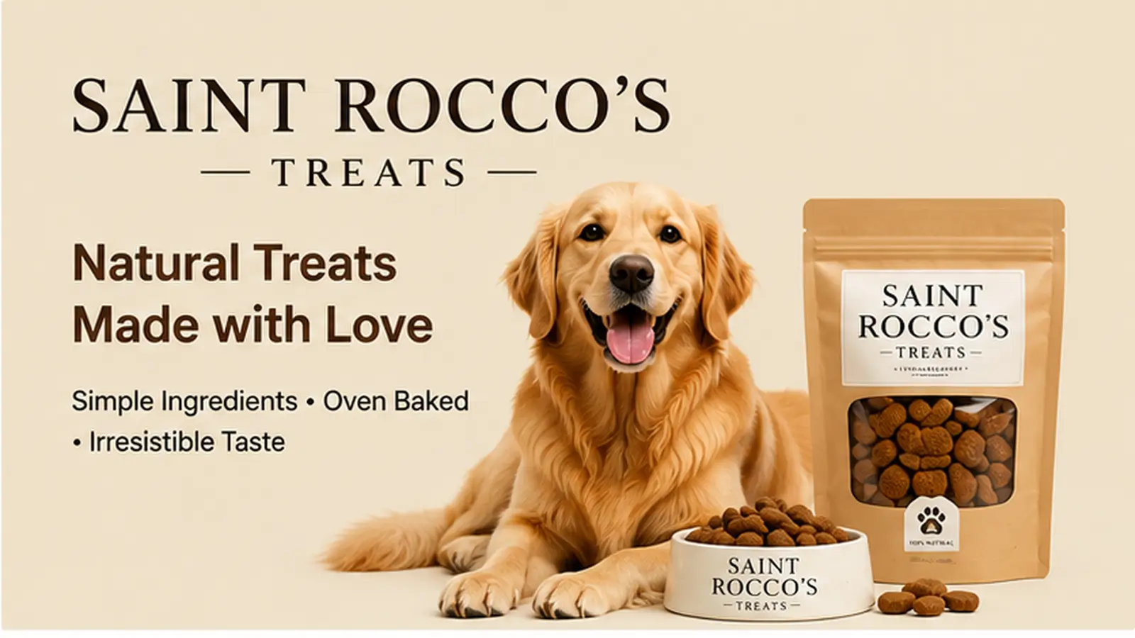 Saint Rocco’s Treats dog treats banner with a Golden Retriever, treat bag, bowl, and natural oven baked dog snacks.