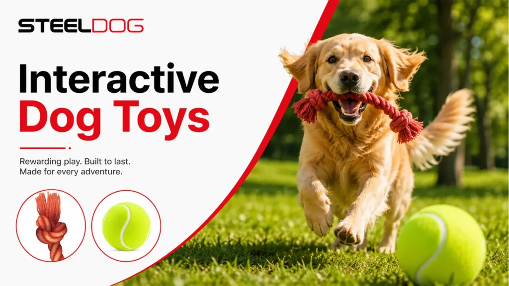 SteelDog interactive dog toys banner with a Golden Retriever carrying a red rope toy and tennis balls outdoors.
