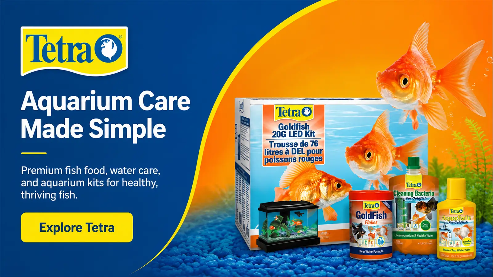 Tetra aquarium care banner with goldfish, an aquarium kit, fish food, water conditioner, and cleaning bacteria.
