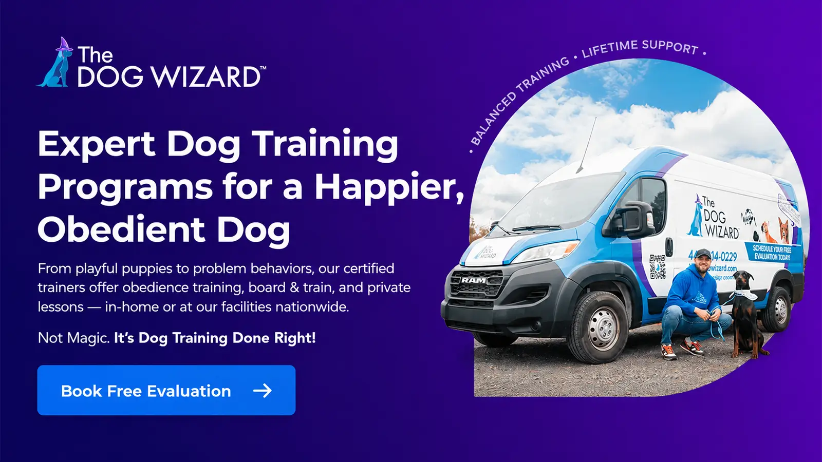 The Dog Wizard banner showing expert dog training programs, obedience training, board and train, private lessons, lifetime support, and a branded training van.