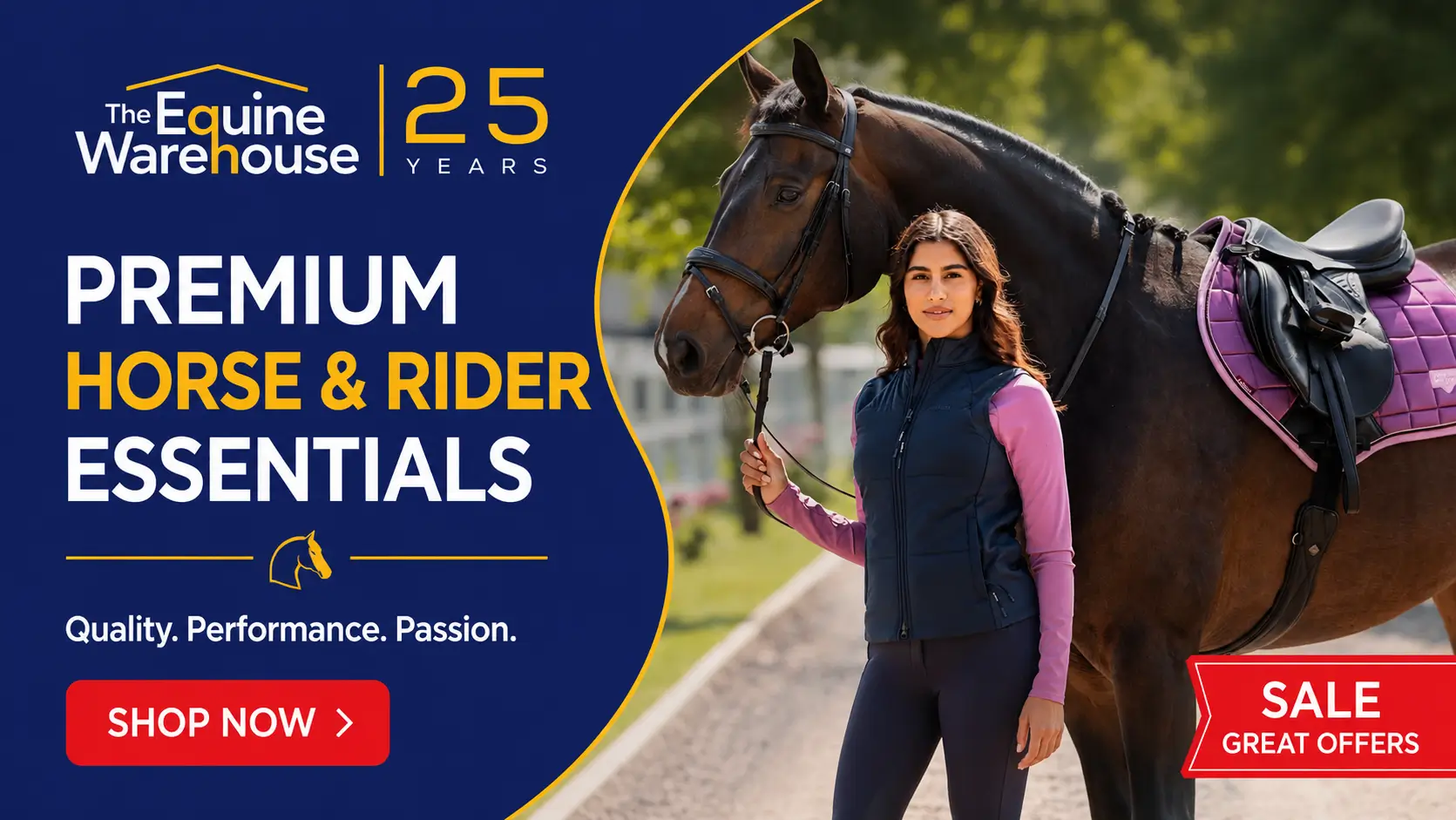 The Equine Warehouse banner showing premium horse and rider essentials, equestrian apparel, saddle gear, sale offers, and 25 years of brand experience.