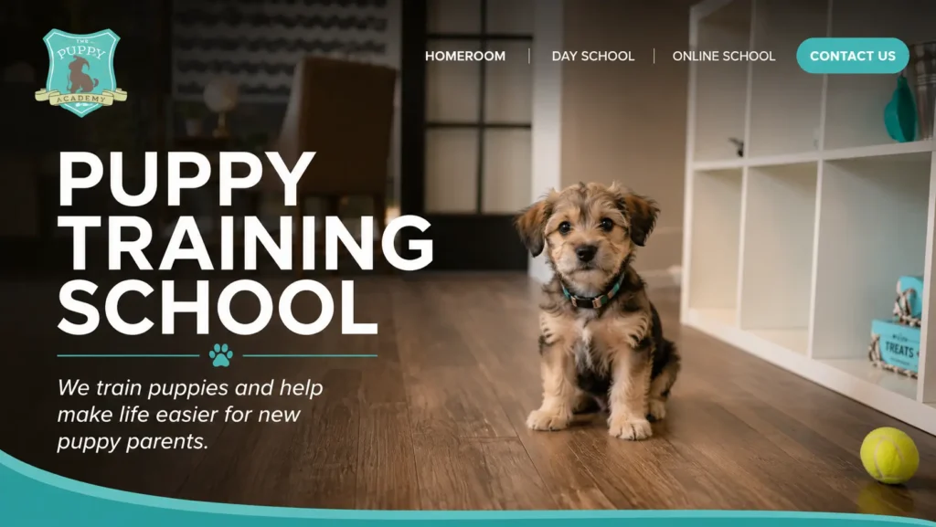 The Puppy Academy banner showing a puppy training school with a small puppy, training room setting, online school option, day school program, and contact call-to-action.
