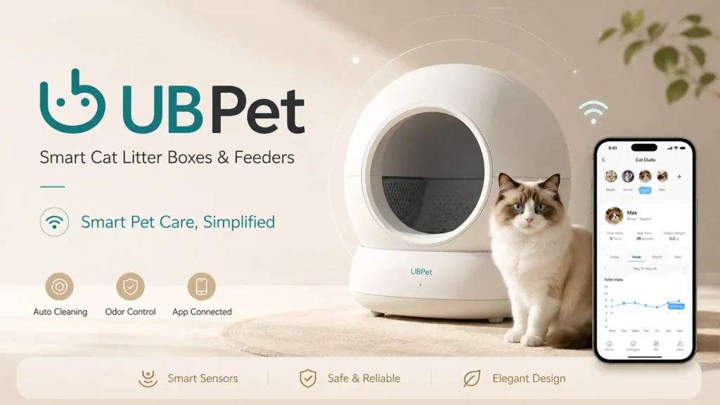 UBPET smart cat care banner with an automatic litter box, Ragdoll cat, mobile app, and sensor features.