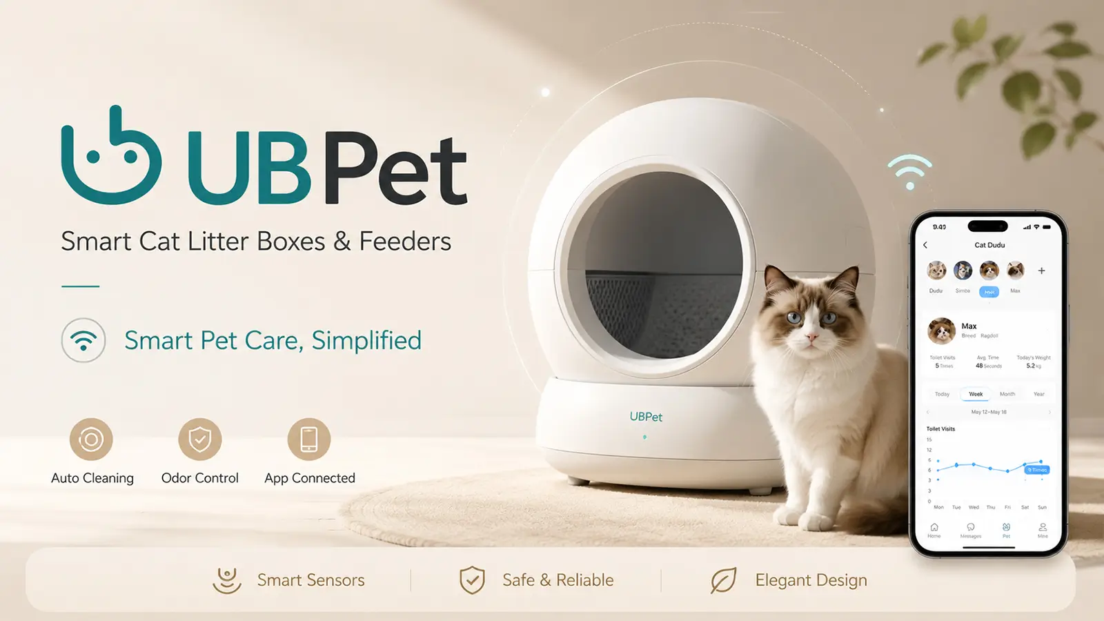 UBPET smart cat care banner with an automatic litter box, Ragdoll cat, mobile app, and sensor features.