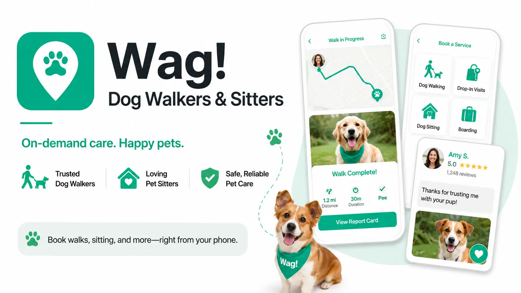 Wag app banner showing dog walking and pet sitting services, mobile booking screens, walk tracking, pet care report cards, and on-demand pet care support.
