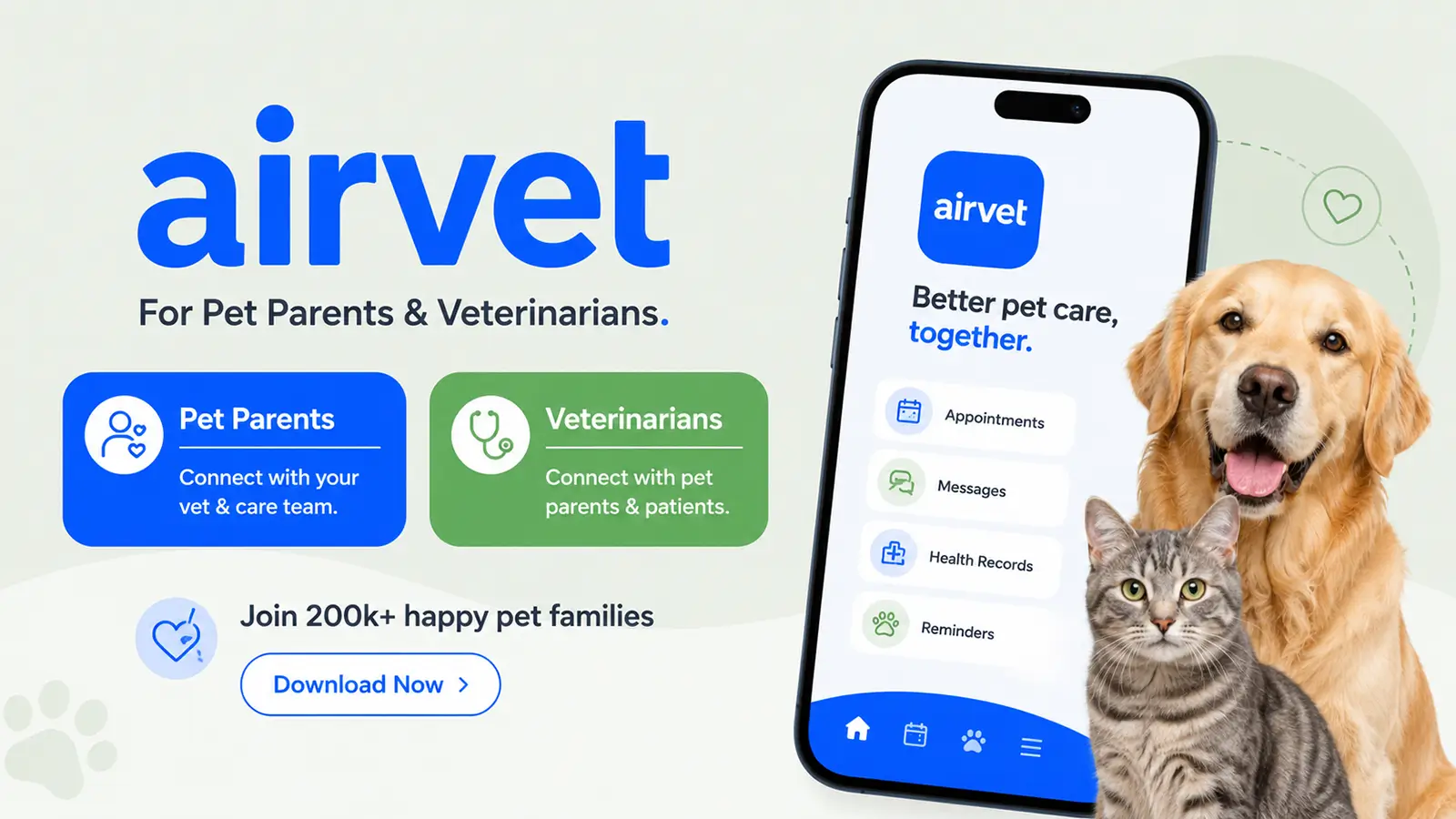 Airvet virtual vet app banner with a Golden Retriever, tabby cat, smartphone, and pet care tools.