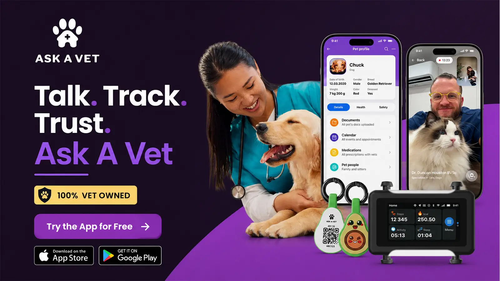 Ask A Vet app banner with a veterinarian, Golden Retriever, video consultation, smart tags, and pet tracker.