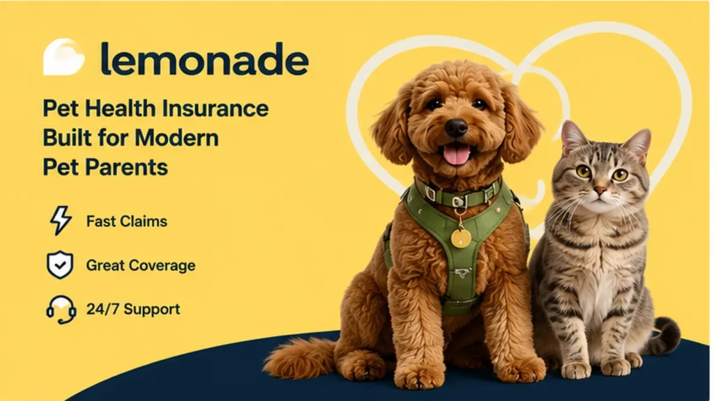 Lemonade pet health insurance banner with a dog and cat, fast claims, coverage, and 24/7 support icons.