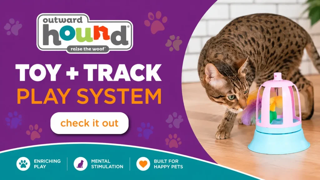 Outward Hound banner showing a cat using a toy and track play system, with enrichment, mental stimulation, and pet toy shopping messaging.