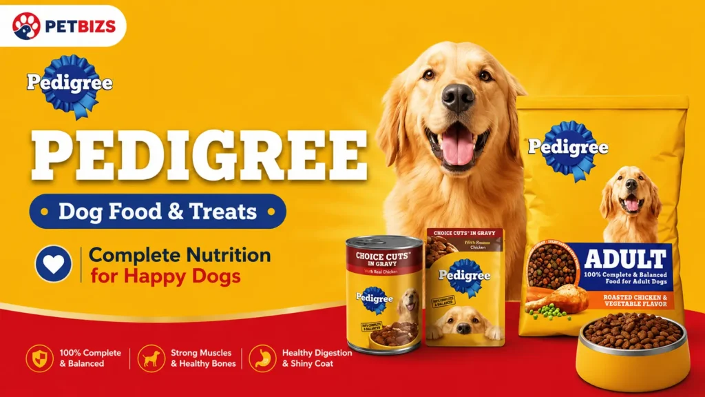 Pedigree dog food and treats banner with a Golden Retriever, dry food bag, wet food cans, pouch, and nutrition icons.