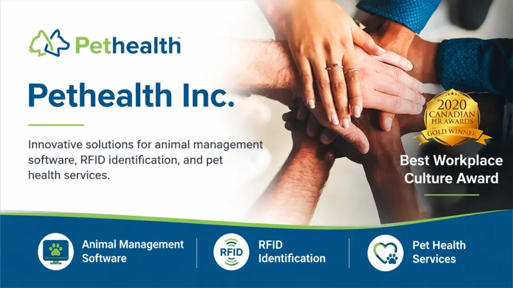 Pethealth Inc. banner showing animal management software, RFID pet identification, pet health services, and a workplace culture award.