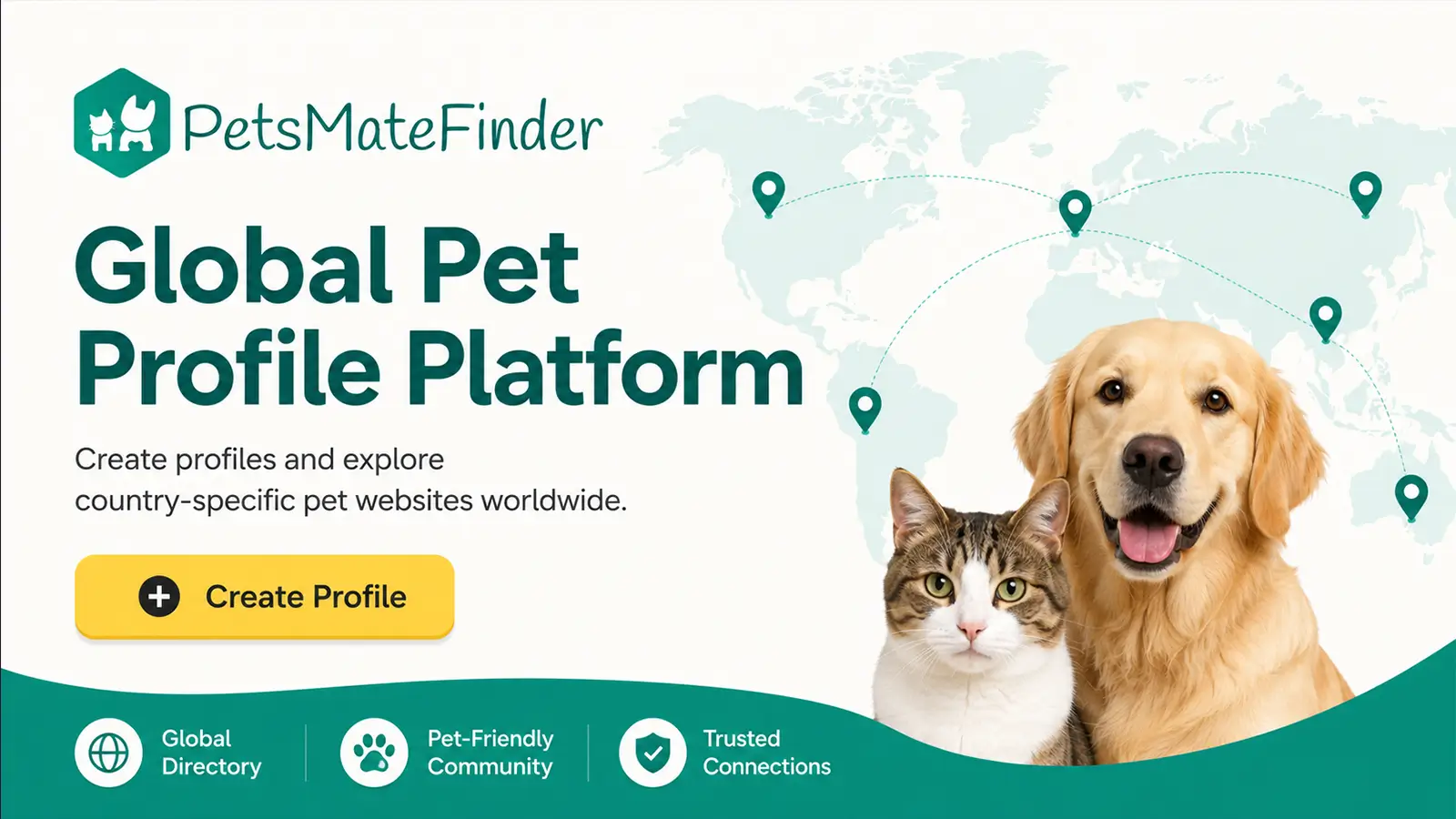 PetsMateFinder global pet profile platform banner with a dog, cat, world map, and Create Profile button.