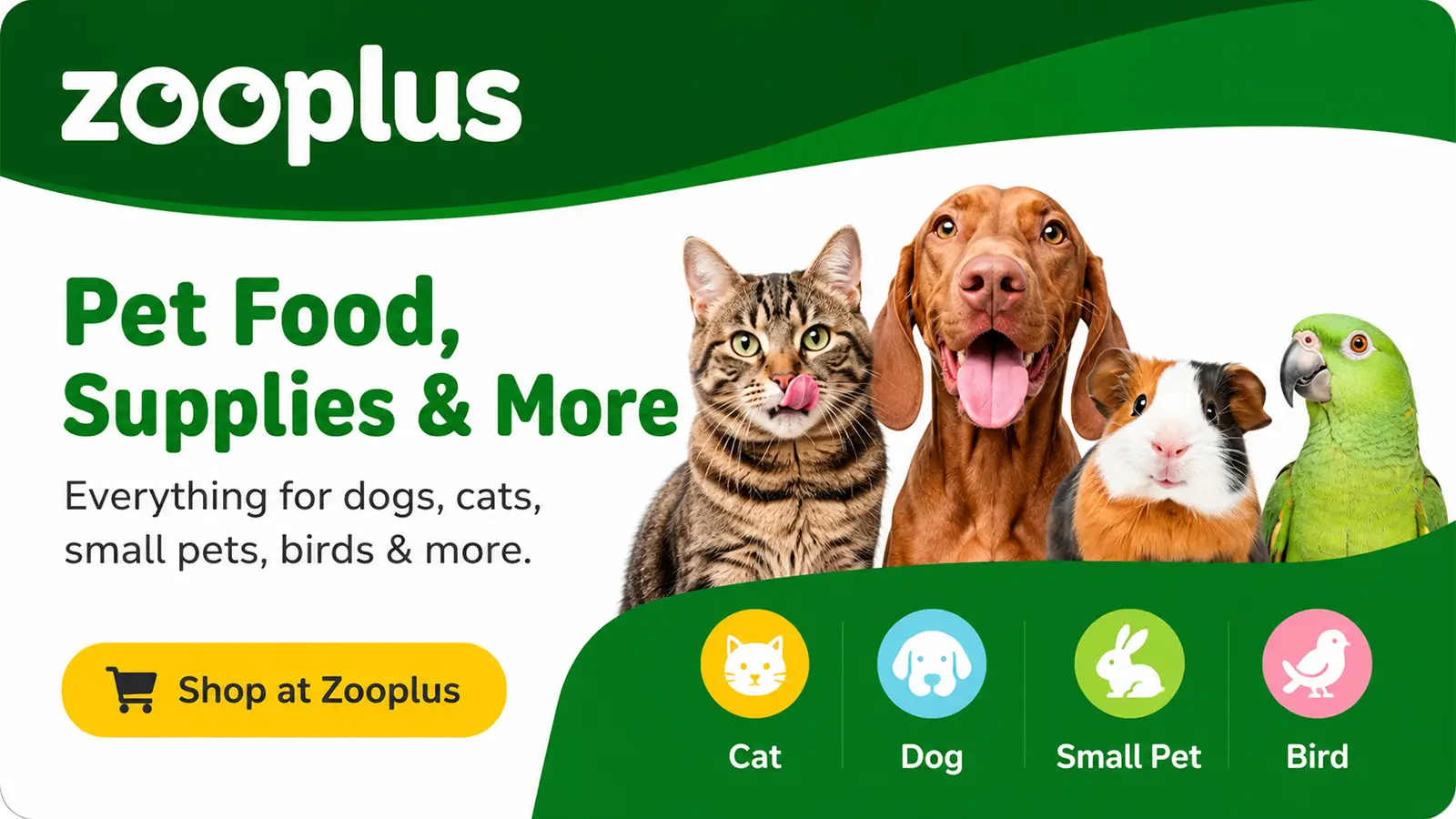 Zooplus website banner showing pet food, supplies, and shopping categories for cats, dogs, small pets, and birds.