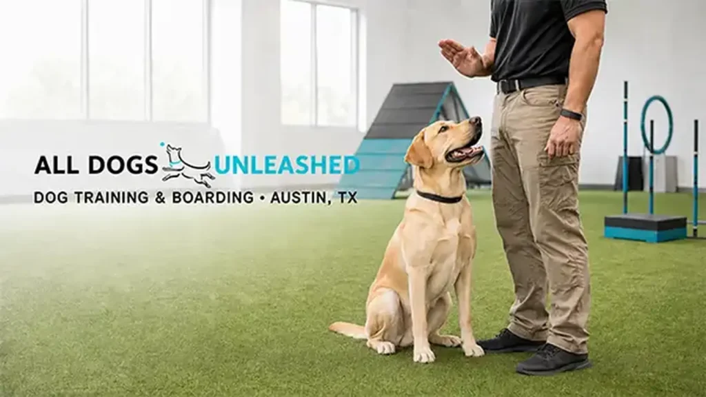 All Dogs Unleashed Austin professional dog trainer working with a Labrador during an indoor training session.