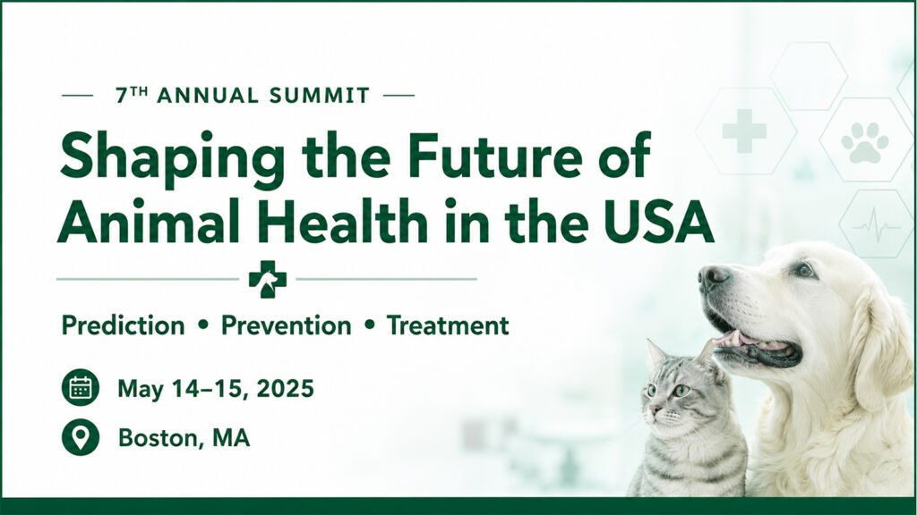 Animal Health USA Summit banner featuring dog and cat with prediction, prevention, and treatment themes.
