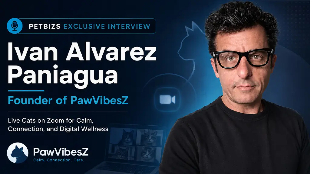 Ivan Alvarez Paniagua, Founder of PawVibesZ. The image highlights PawVibesZ as a Live Cat Sessions on Zoom experience built for calm, connection, digital wellness, and short emotional reset sessions for remote workers, students, Gen Z audiences, and cat lovers.