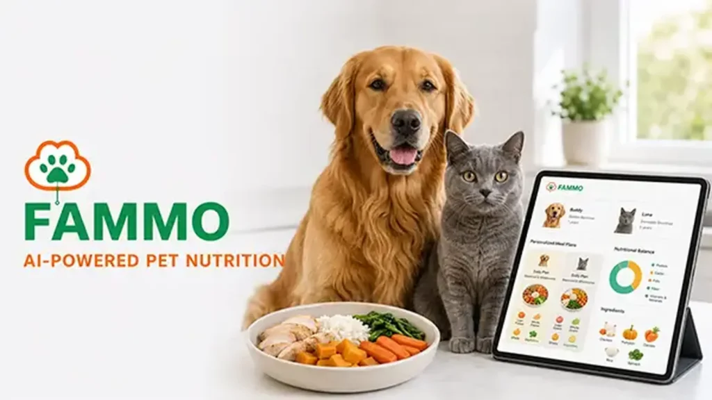 FAMMO AI pet nutrition platform with a Golden Retriever, cat, food bowls, and digital health dashboard.