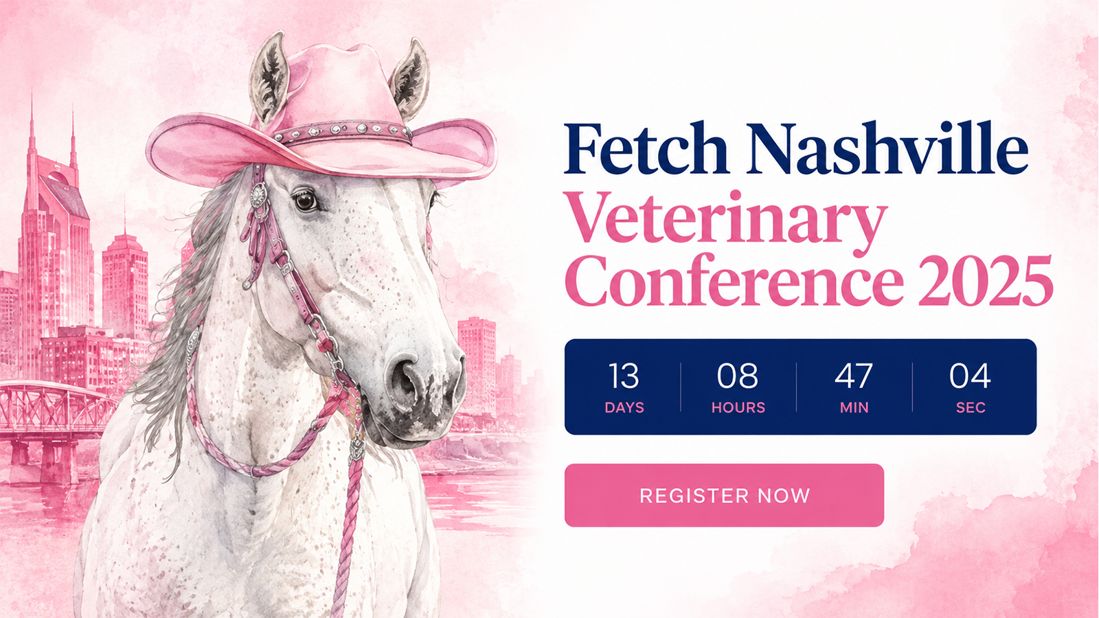 Fetch Nashville Veterinary Conference 2025 banner featuring a white horse in pink Nashville-themed artwork.