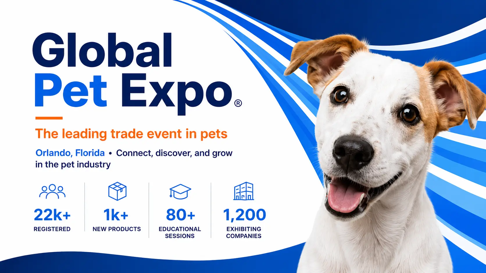 Global Pet Expo promotional banner featuring a dog, Orlando pet industry trade show highlights, new products, exhibitors, and educational sessions.
