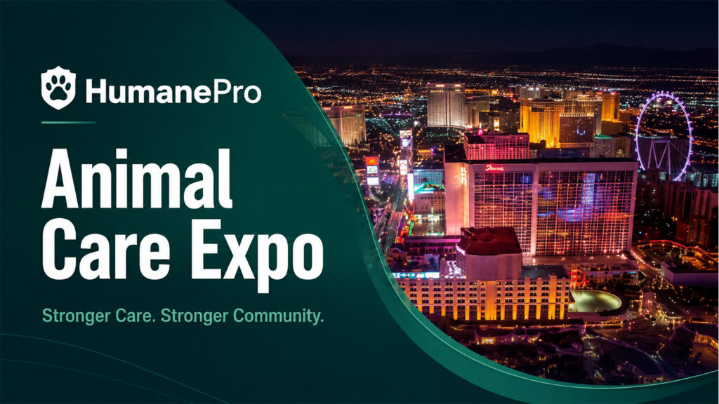 HumanePro Animal Care Expo banner featuring Las Vegas skyline and professional animal welfare conference branding.