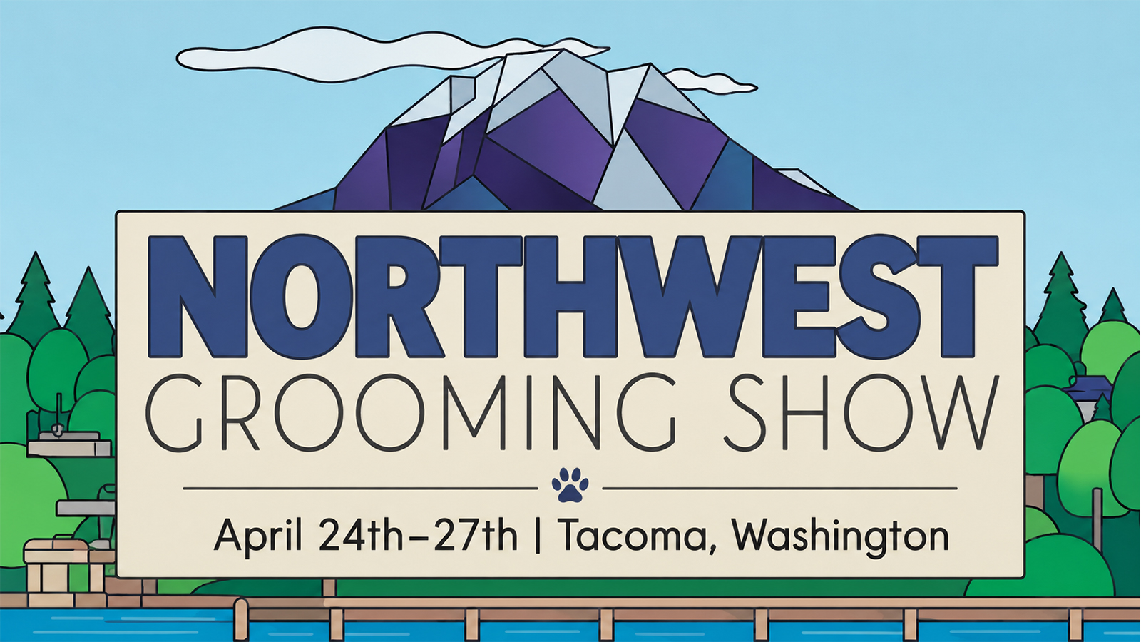 Northwest Grooming Show Tacoma Washington banner with mountain illustration and professional dog grooming event branding.