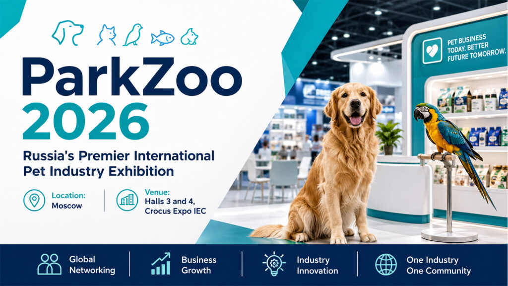 ParkZoo 2026 Moscow pet industry exhibition banner featuring Golden Retriever, parrot, networking, and business growth.