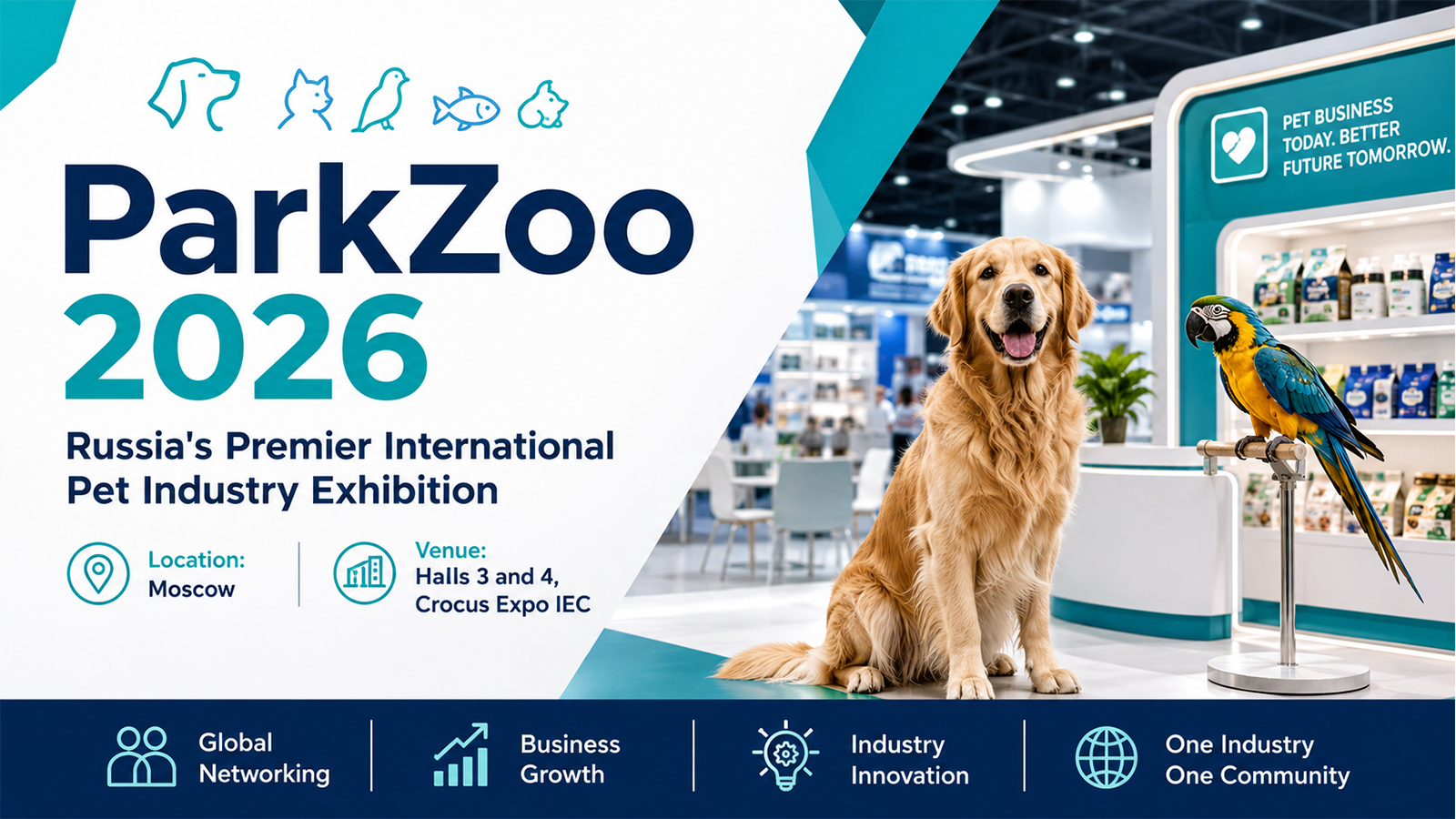 ParkZoo 2026 Moscow pet industry exhibition banner featuring Golden Retriever, parrot, networking, and business growth.