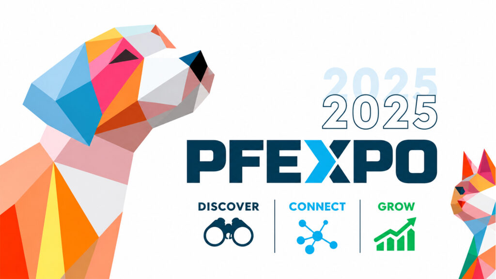 PFExpo 2025 pet food industry event banner featuring colorful geometric dog and cat with Discover Connect Grow themes.