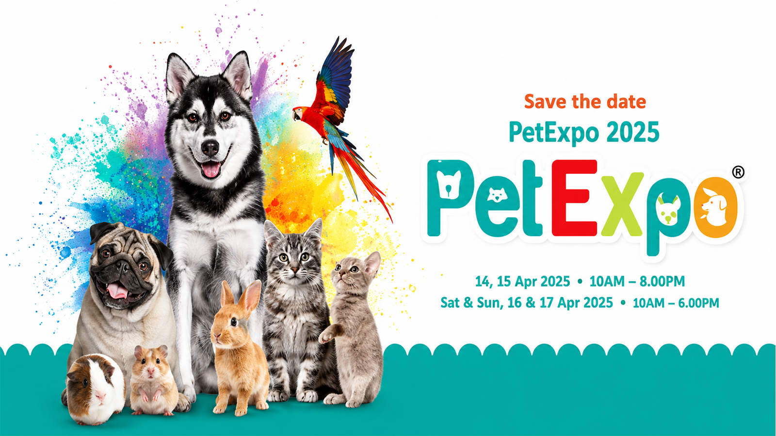 PetExpo 2025 banner featuring dogs, cats, rabbit, guinea pig, hamster, and parrot with colorful event branding.