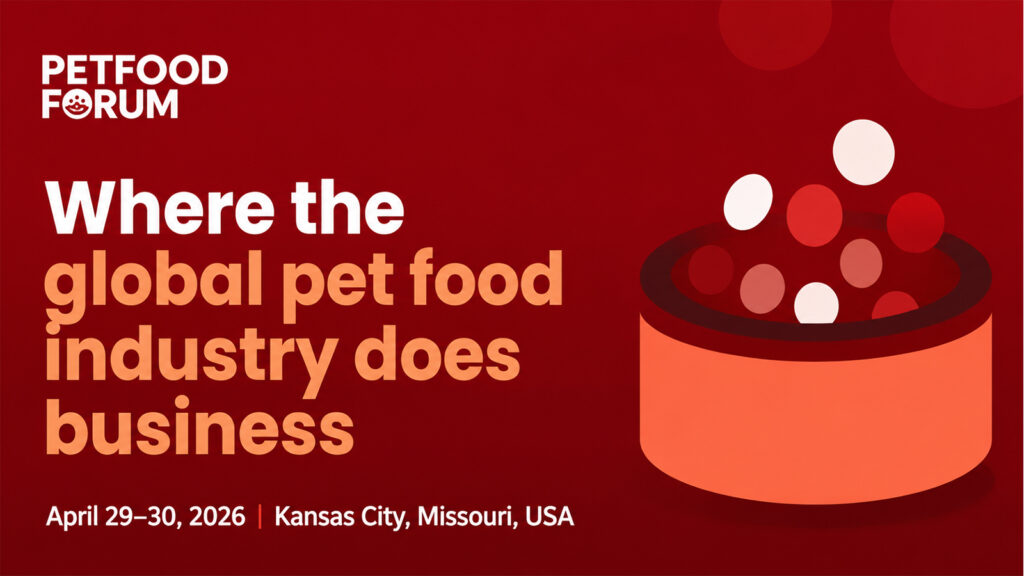 Petfood Forum pet food industry conference banner with red branding and global pet food business message.