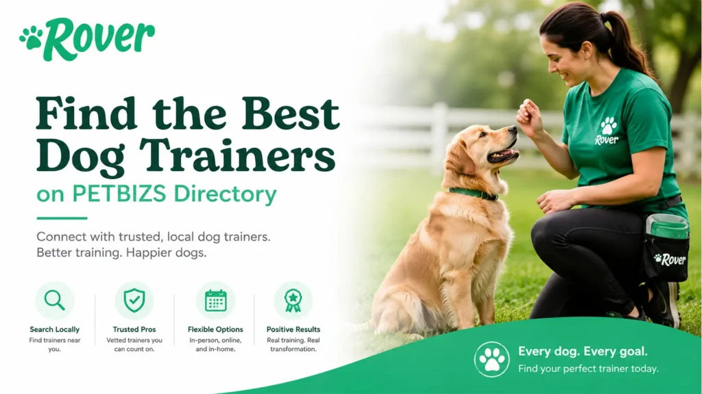 Rover dog trainer using treats during an outdoor session with a Golden Retriever.