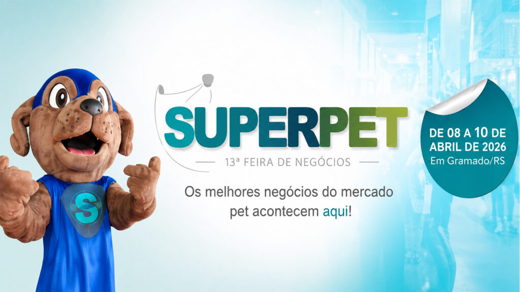 SuperPet pet industry trade fair banner featuring dog mascot and turquoise business event branding.
